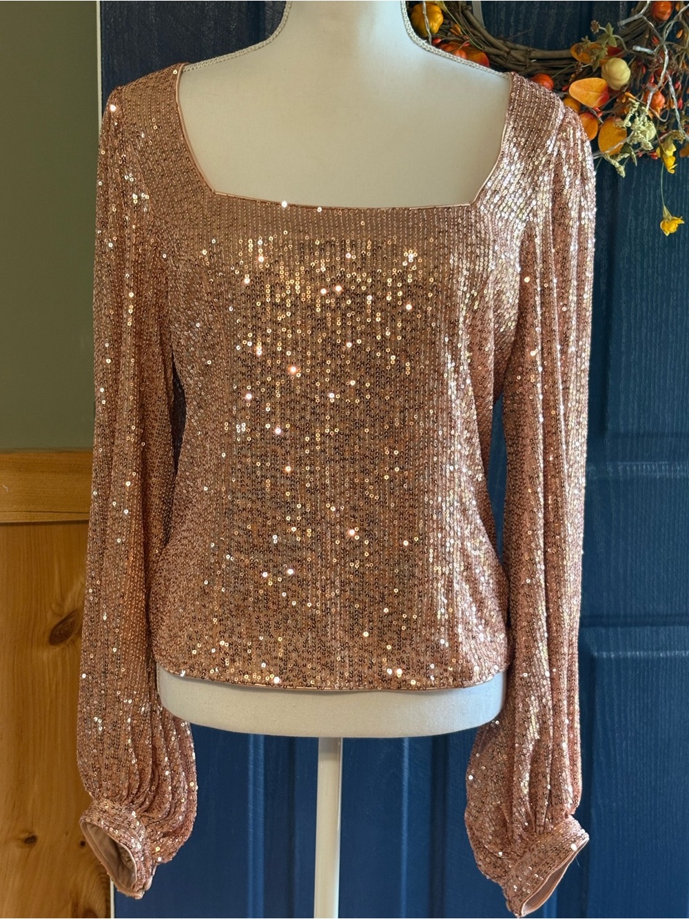Lulu's Rose Gold Sequin Square-Neck Long Sleeve Top size XL NWT